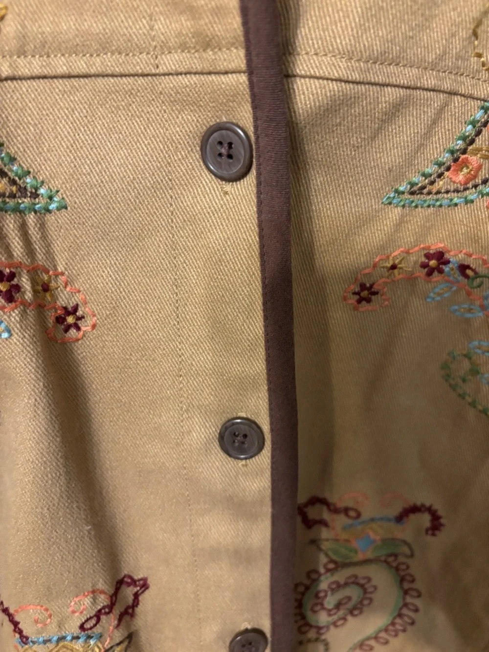 Denim & Co. Embroidered Tan Jacket with Brown Trim - Picture 8 of 13